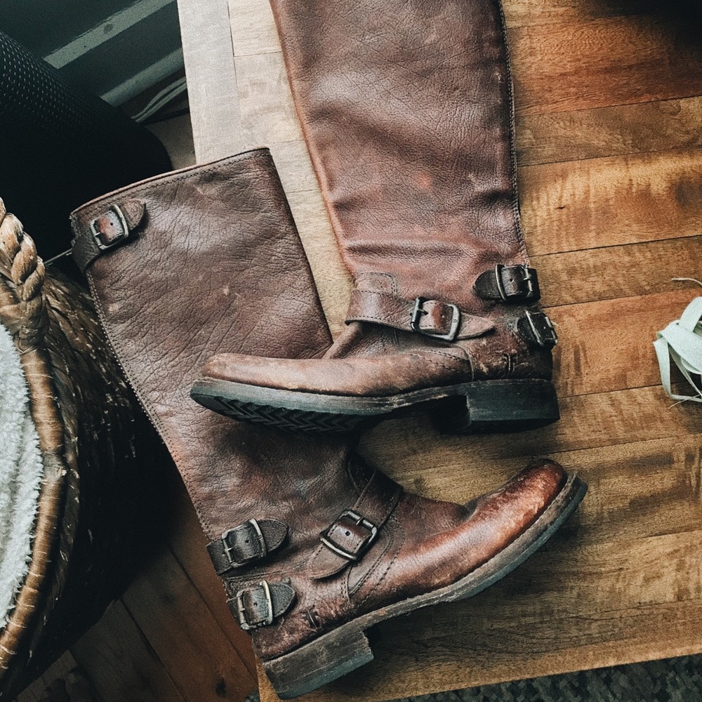 Frye zip snap brown leather boots